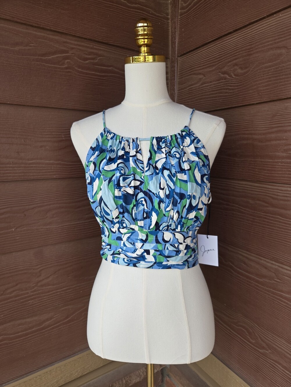 NWT Japna Blue Green Abstract Cropped Halter Camisole Women’s Medium
